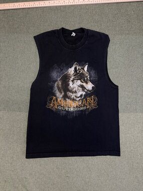 Alstyle Black Sleeveless Tee with Wolf Graphic and 'American Outdoors'